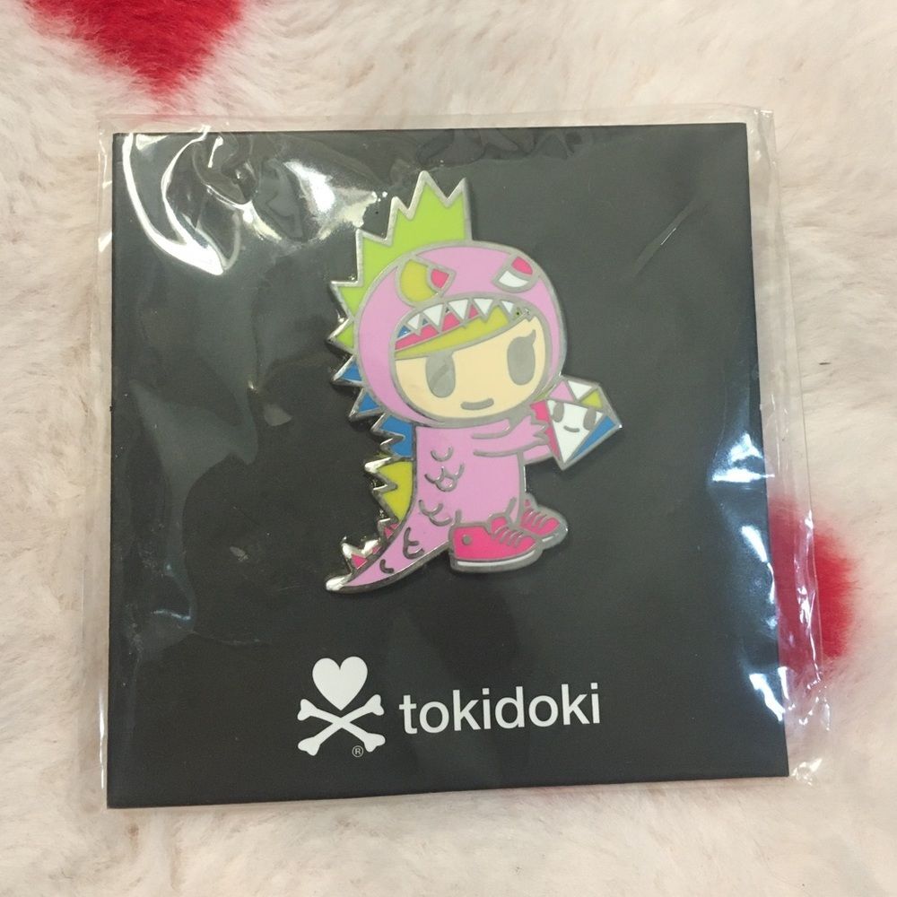 Tokidoki Girl in Pink Dinosaur Holding a Diamond Enamel Pin 2” length